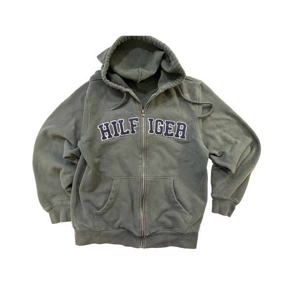 Tommy Hilfiger Sweatshirt Hoodie Mens Medium Green Full Zip Applique Spell Out - Picture 1 of 6